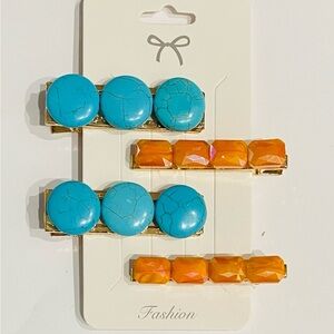 Colorful Turquoise & Amber Gemstone Hair Clip Set